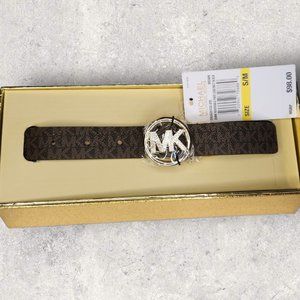 Michael Kors Brown Logo Reversible Belt with Crystal Buckel in Gift Box S/M NWT